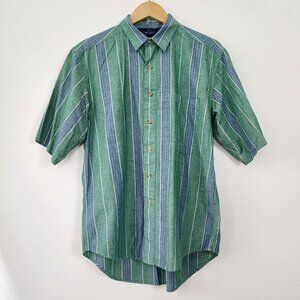 VTG Woolrich Mens Med Green Blue Cotton Stripe Short Sleeve Button Up Singapore